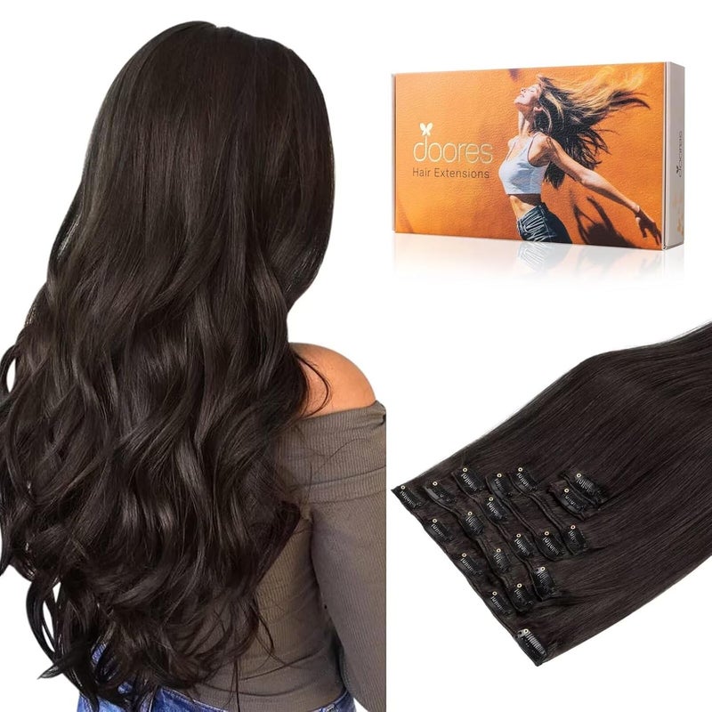 DOORES Clip in Hair Extensions Real Human Hair Dark Brown 12 Inch 7pcs 80g Remy Hair Extensions Clip in Human For Women Natural Silky Straight